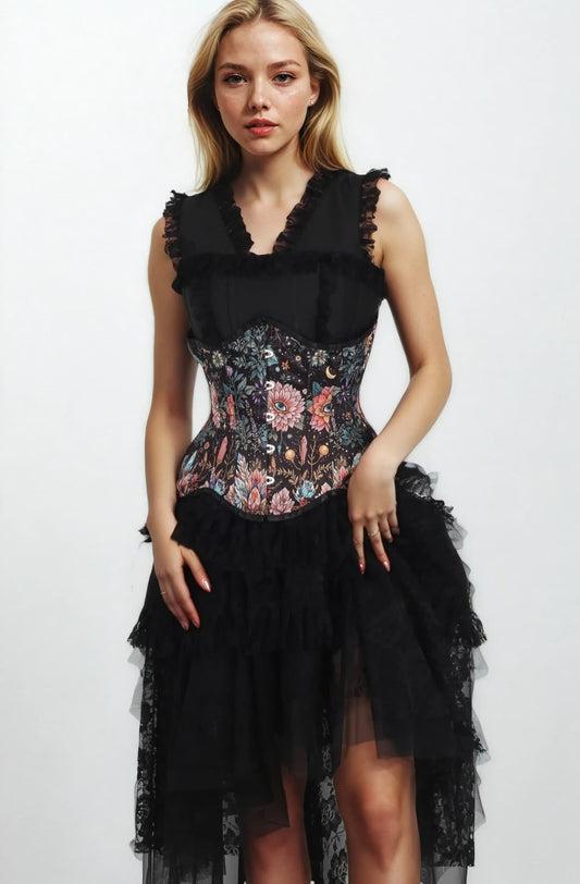 Edwyna Black Floral Gothic Curvy Underbust Corset