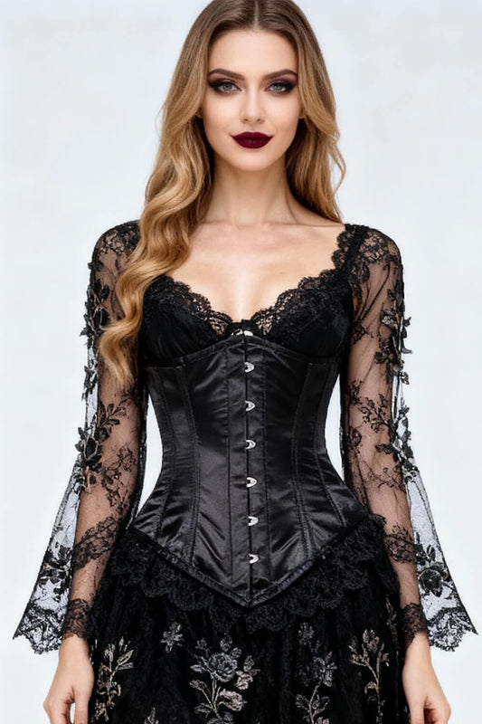 Elaina Gothic Black Underbust Long Satin Corset