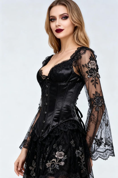 Elaina Gothic Black Underbust Long Satin Corset