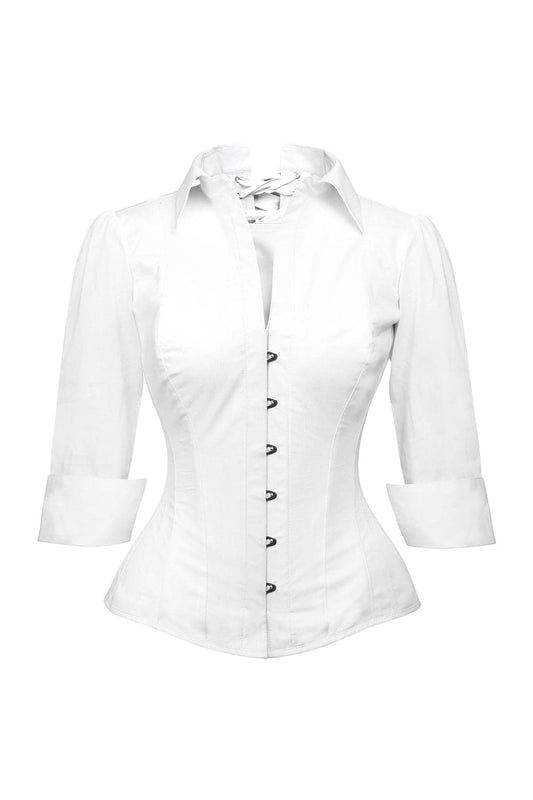 Shirlene Overbust White Cotton 3/4 Sleeve Corset Shirt