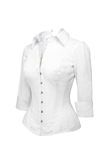 Shirlene Overbust White Cotton 3/4 Sleeve Corset Shirt